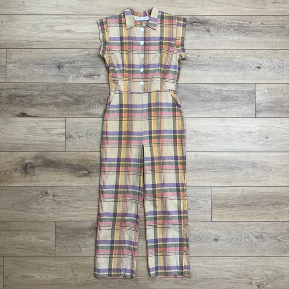 Christy Dawn Phoebe Plaid Linen Jumpsuit Small Button Front Romper Pastel Preppy